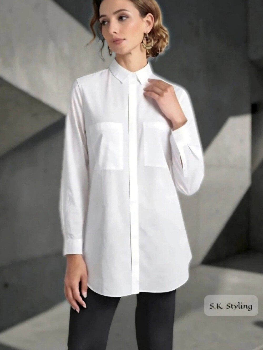 Mossimo White Button-up Tunic Roll Tab Sleeve Pockets Cotton M / L Relaxed Fit